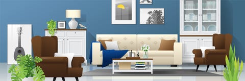 Fond de salon avec les meubles en bois, les usines et le mur bleu dans le style rustique moderne 3 illustration de vecteur Fond de salon avec les meubles en bois, les usines et le mur bleu dans le style rustique moderne 3 illustration de vecteur