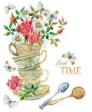 Fond de tasses de thé d'aquarelle avec la cuillère, les fleurs et le papillon illustration libre de droits Fond de tasses de thé d'aquarelle avec la cuillère, les fleurs et le papillon illustration libre de droits