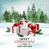 Fond de vacances de Noël avec les présents et le lapin blanc mignon Vecteur illustration libre de droits Fond de vacances de Noël avec les présents et le lapin blanc mignon Vecteur illustration libre de droits