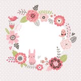 Fond floral Tressez le cadre avec des oiseaux mignons et un lièvre Carte de fleurs illustration stock Fond floral Tressez le cadre avec des oiseaux mignons et un lièvre Carte de fleurs illustration stock