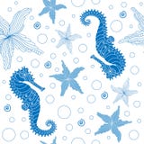 Fond sans couture avec des images d'hippocampe et d'étoile de mer dessin au trait bleu sur le fond blanc illustration stock Fond sans couture avec des images d'hippocampe et d'étoile de mer dessin au trait bleu sur le fond blanc illustration stock