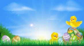 Fondo amarillo de los polluelos y de los huevos de Pascua stock de ilustración Fondo amarillo de los polluelos y de los huevos de Pascua stock de ilustración