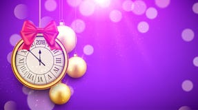 Fondo brillante del Año Nuevo 2018 con el reloj Cartel de oro 2018, plantilla festiva de las bolas de la decoración de la celebra stock de ilustración Fondo brillante del Año Nuevo 2018 con el reloj Cartel de oro 2018, plantilla festiva de las bolas de la decoración de la celebra stock de ilustración