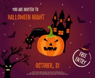 Fondo de Halloween con la casa, el gato, la calabaza del susto y los palos espeluznantes ilustración del vector Fondo de Halloween con la casa, el gato, la calabaza del susto y los palos espeluznantes ilustración del vector