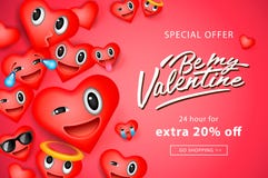 Fondo de la venta del día de tarjeta del día de San Valentín con los emoticons del corazón, caras sonrientes del emoji, ejemplo d stock de ilustración Fondo de la venta del día de tarjeta del día de San Valentín con los emoticons del corazón, caras sonrientes del emoji, ejemplo d stock de ilustración