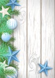 Fondo de madera de la Navidad con las ramas verdes y los ornamen azules Fotografía de archivo libre de regalías Fondo de madera de la Navidad con las ramas verdes y los ornamen azules Fotografía de archivo libre de regalías