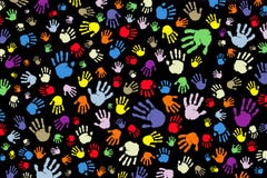 Fondo de muchas impresiones de color de manos en un fondo negro ilustración del vector Fondo de muchas impresiones de color de manos en un fondo negro ilustración del vector