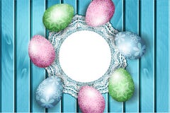 Fondo de Pascua, colocación de huevos colorida en el tablero de madera azul ilustración del vector Fondo de Pascua, colocación de huevos colorida en el tablero de madera azul ilustración del vector