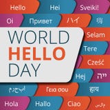 Fondo del concepto del día del mundo hola, estilo de la historieta stock de ilustración Fondo del concepto del día del mundo hola, estilo de la historieta stock de ilustración