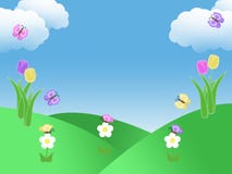 Fondo del jardín de la primavera con la hierba verde del cielo azul de las mariposas de los tulipanes y ejemplo de las nubes con ilustración del vector Fondo del jardín de la primavera con la hierba verde del cielo azul de las mariposas de los tulipanes y ejemplo de las nubes con ilustración del vector
