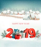 Fondo di Natale di festa con 2019 e villaggio di inverno royalty illustrazione gratis Fondo di Natale di festa con 2019 e villaggio di inverno royalty illustrazione gratis
