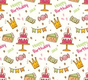 Fondo inconsútil del garabato del cumpleaños con la materia del cumpleaños del kawaii stock de ilustración Fondo inconsútil del garabato del cumpleaños con la materia del cumpleaños del kawaii stock de ilustración