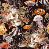 Fondo senza cuciture misero di vita di mare dell'acquerello Immagine Stock Libera da Diritti Fondo senza cuciture misero di vita di mare dell'acquerello Immagine Stock Libera da Diritti