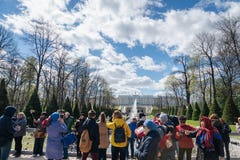 Fontes de Peterhof e opini?o e turistas do pal?cio em St Petersburg imagens de stock Fontes de Peterhof e opini?o e turistas do pal?cio em St Petersburg imagens de stock