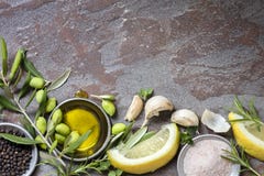 Food Background with Olives, Oil, Lemon, Garlic, Herbs and Spice royalty free stock photos Food Background with Olives, Oil, Lemon, Garlic, Herbs and Spice royalty free stock photos