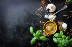 Food frame, italian food background, healthy food concept or ingredients for cooking pesto sauce on a vintage background Stock Photography Food frame, italian food background, healthy food concept or ingredients for cooking pesto sauce on a vintage background Stock Photography