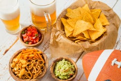 Football party food, super bowl day, nachos salsa guacamole Stock Photos Football party food, super bowl day, nachos salsa guacamole Stock Photos