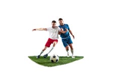 Football players tackling for the ball over white background royalty free stock photos Football players tackling for the ball over white background royalty free stock photos