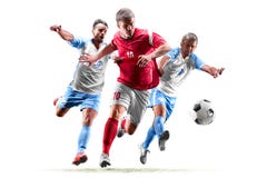 Footballeurs caucasiens d'isolement sur le fond blanc images stock Footballeurs caucasiens d'isolement sur le fond blanc images stock