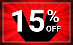 15% FORA da venda O texto branco da cor 3D e a sombra preta no fundo da explosão do vermelho projetam ilustração stock 15% FORA da venda O texto branco da cor 3D e a sombra preta no fundo da explosão do vermelho projetam ilustração stock