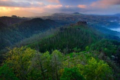 Forest hills, beautiful morning view over sandstone cliff into deep misty valley in Bohemin Switzerland, foggy background, the fog royalty free stock photography Forest hills, beautiful morning view over sandstone cliff into deep misty valley in Bohemin Switzerland, foggy background, the fog royalty free stock photography