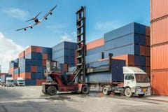 Forklift handling container box loading at docks with truck for stock photography Forklift handling container box loading at docks with truck for stock photography