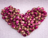 Forma di un cuore fatto dalle rose rosa secche su tessuto Fotografia Stock Forma di un cuore fatto dalle rose rosa secche su tessuto Fotografia Stock