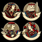 Formas redondas con las caras de los caracteres y de las cintas de los naipes ilustración del vector Formas redondas con las caras de los caracteres y de las cintas de los naipes ilustración del vector