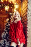 Forme a mulher 'sexy' o louro na camiseta vermelha, tendo o divertimento e levantando contra a árvore de Natal e um inverno do po Fotografia de Stock Forme a mulher 'sexy' o louro na camiseta vermelha, tendo o divertimento e levantando contra a árvore de Natal e um inverno do po Fotografia de Stock