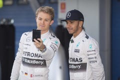 Formula 1, 2015: Selfie Of Nico Rosberg And Lewis Hamilton Royalty Free Stock Photography Formula 1, 2015: Selfie Of Nico Rosberg And Lewis Hamilton Royalty Free Stock Photography