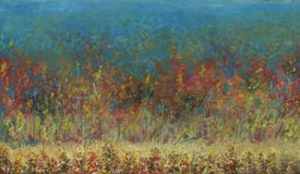 Forêt d'automne partant dans la distance fleuve de peinture à l'huile d'horizontal de forêt image libre de droits Forêt d'automne partant dans la distance fleuve de peinture à l'huile d'horizontal de forêt image libre de droits