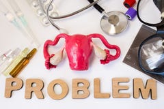 Foto del concepto de los problemas del útero la figura 3D del útero y de ovarios es problema de la palabra y sistema cercanos de foto de archivo Foto del concepto de los problemas del útero la figura 3D del útero y de ovarios es problema de la palabra y sistema cercanos de foto de archivo
