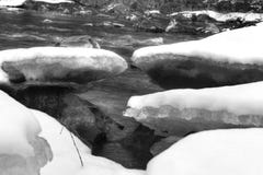 Foto posteriore e bianca del fiume con i blocchi di ghiaccio congelati e della neve sulle sue banche Fotografie Stock Libere da Diritti Foto posteriore e bianca del fiume con i blocchi di ghiaccio congelati e della neve sulle sue banche Fotografie Stock Libere da Diritti