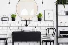 Foto real del interior blanco y negro del cuarto de baño con un espejo, un armario, una silla y plantas fotos de archivo Foto real del interior blanco y negro del cuarto de baño con un espejo, un armario, una silla y plantas fotos de archivo