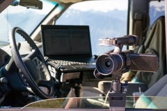 Fotograf-Gang-Van Cockpit Professional Jounalist Video-Kamera lizenzfreies stockfoto Fotograf-Gang-Van Cockpit Professional Jounalist Video-Kamera lizenzfreies stockfoto