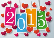 Four Colored Price Stickers Hearts 2015. Four colored price stickers with hearts on the grey background stock illustration Four Colored Price Stickers Hearts 2015. Four colored price stickers with hearts on the grey background stock illustration
