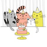 Four cute cartoon cats in the birthday party. Royalty Free Stock Images Four cute cartoon cats in the birthday party. Royalty Free Stock Images