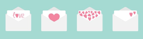 Four envelope with hearts set line. Happy Valentines Day. Love card. Flat design. Blue background. Isolated vector illustration Four envelope with hearts set line. Happy Valentines Day. Love card. Flat design. Blue background. Isolated vector illustration