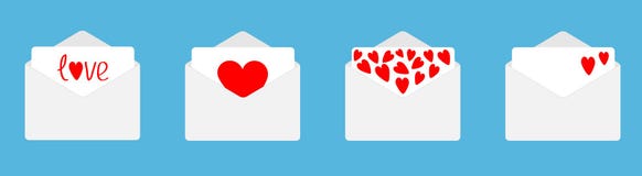Four envelope with red hearts set line. Happy Valentines Day. Love card. Flat design. Blue background. Isolated royalty free illustration Four envelope with red hearts set line. Happy Valentines Day. Love card. Flat design. Blue background. Isolated royalty free illustration