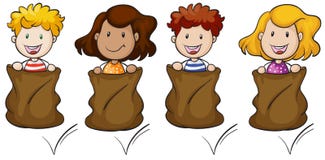 Four kids jumping inside the sack Stock Photos Four kids jumping inside the sack Stock Photos