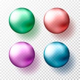 Four realistic transparent spheres or balls in different shades of metallic gteen, red, pink and blue color. Vector illustration e stock illustration Four realistic transparent spheres or balls in different shades of metallic gteen, red, pink and blue color. Vector illustration e stock illustration