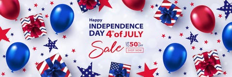 Fourth of July Sale long horizontal banner. 4th of July holiday background.