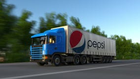 Frakta den halva lastbilen med den Pepsi logoen som kör längs skogvägen Redaktörs- tolkning 3D arkivbild Frakta den halva lastbilen med den Pepsi logoen som kör längs skogvägen Redaktörs- tolkning 3D arkivbild