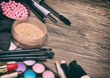 Frame of basic makeup products with copy space royalty free stock photos Frame of basic makeup products with copy space royalty free stock photos