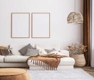 Frame mockup in bright living room design, white sofa in farmhouse boho interior style