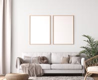 Frame mockup in living room design, two wooden frames in Scandinavian interior