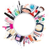 Frame of various watercolor decorative cosmetic. Makeup products vector illustration Frame of various watercolor decorative cosmetic. Makeup products vector illustration