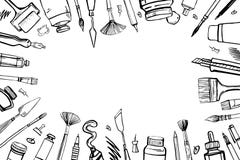 Frame With Hand Drawn Sketch Vector Artist Materials. Black And White Stylized Illustration With Painting And Drawing Tools Stock Image Frame With Hand Drawn Sketch Vector Artist Materials. Black And White Stylized Illustration With Painting And Drawing Tools Stock Image