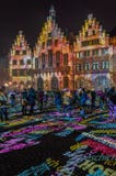 FRANKFURT, GERMANY - MAR 19th, 2018: people watch the open air light spectacle LUMINALE in Frankfurt