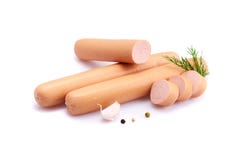 Sausage on white background with herbs and peppercorns Royalty Free Stock Images Sausage on white background with herbs and peppercorns Royalty Free Stock Images